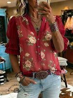 Women's Vintage Floral Print Casual Chiffon Ruffle Shirt