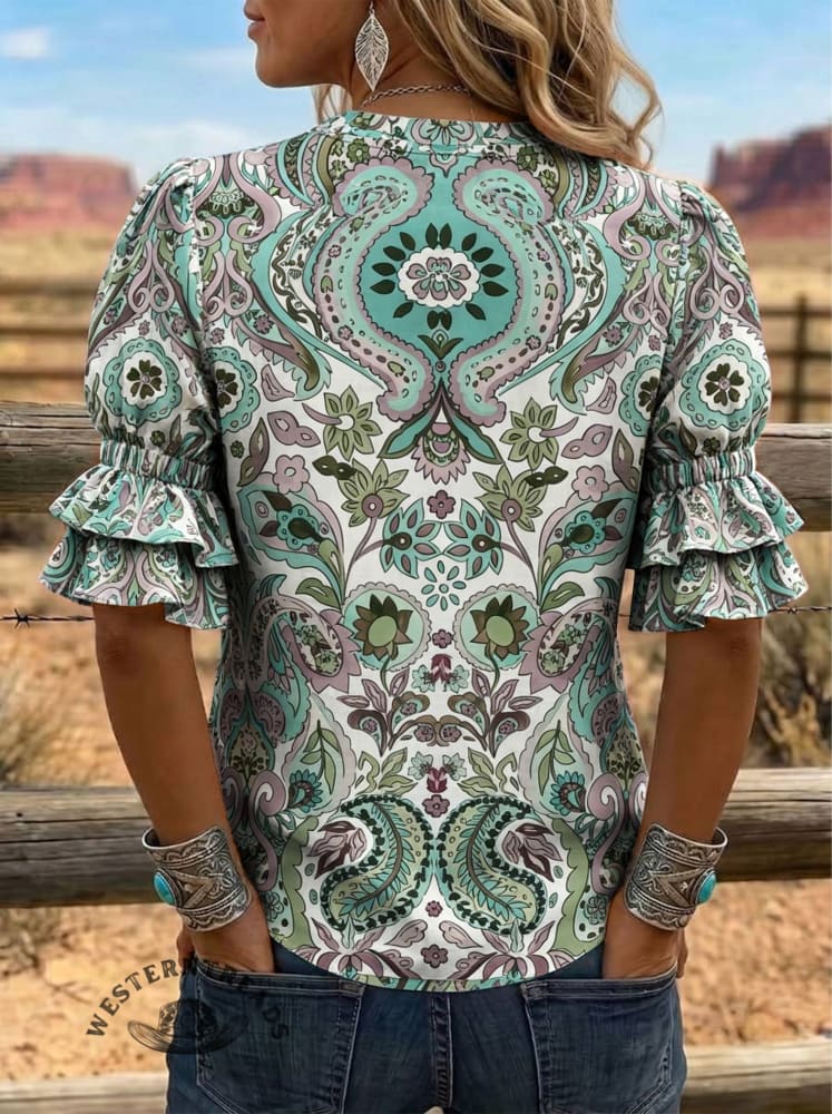 Women's Floral Cow Print Puff Sleeve Casual Shirt