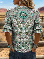 Women's Floral Cow Print Puff Sleeve Casual Shirt