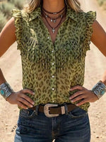 Women's Vintage Leopard Print Casual Ruffle Shirt