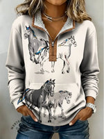Horse Art Print Casual Half-zip Cotton Sweatshirt