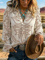Women's Retro Cowboy Art Ruffles Sleeve Casual Shirt