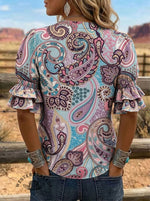 Women's Paisley Print Puff Sleeve Casual Shirt