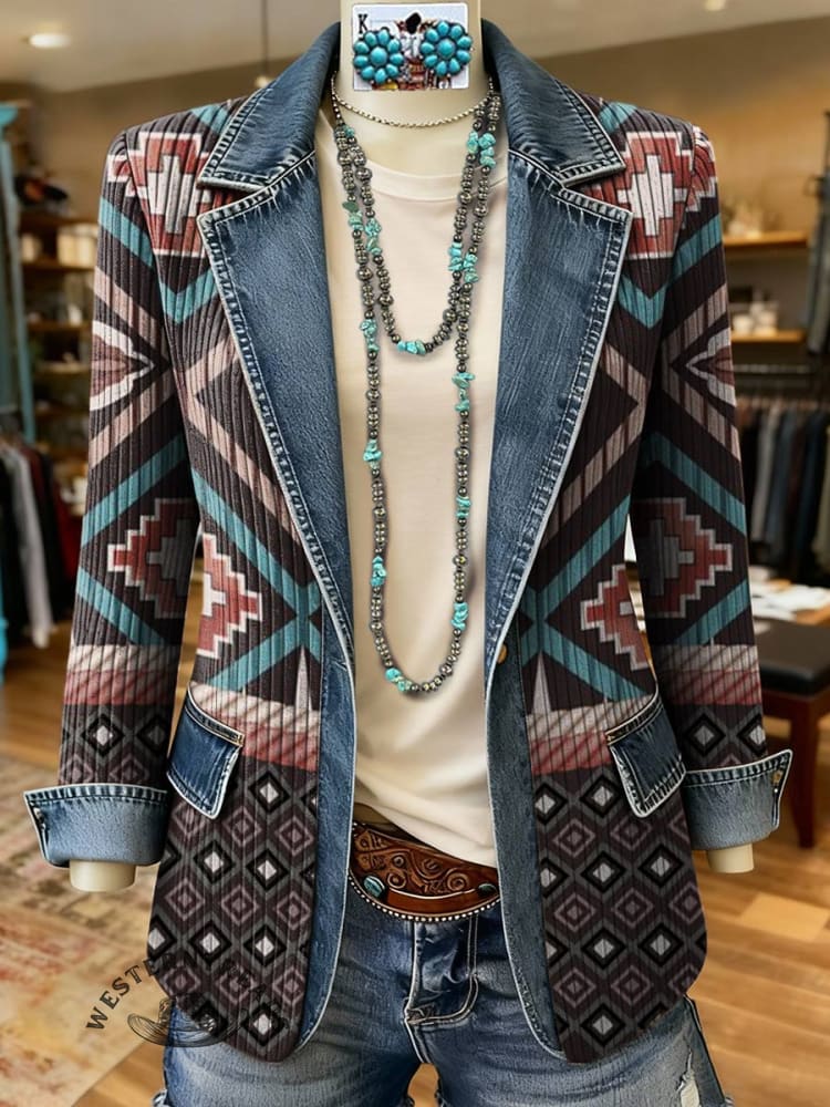 Aztec Print Patchwork Denim Sweater