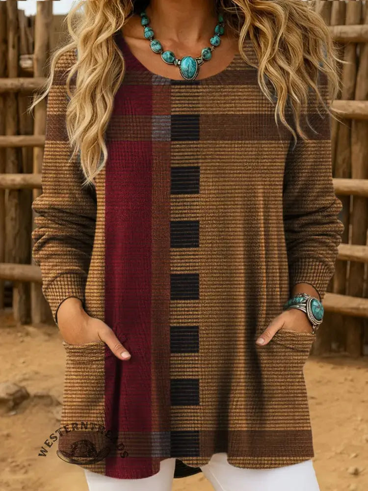 Women's Vintage Geometric Art Print Casual Crew Neck Pocket Knit Top