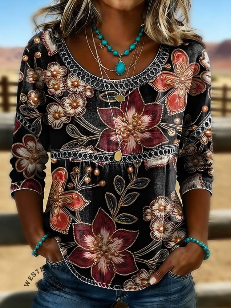 Women's Floral Print Casual Hollow Denim Shirt