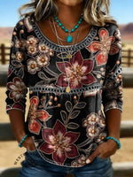 Women's Floral Print Casual Hollow Denim Shirt