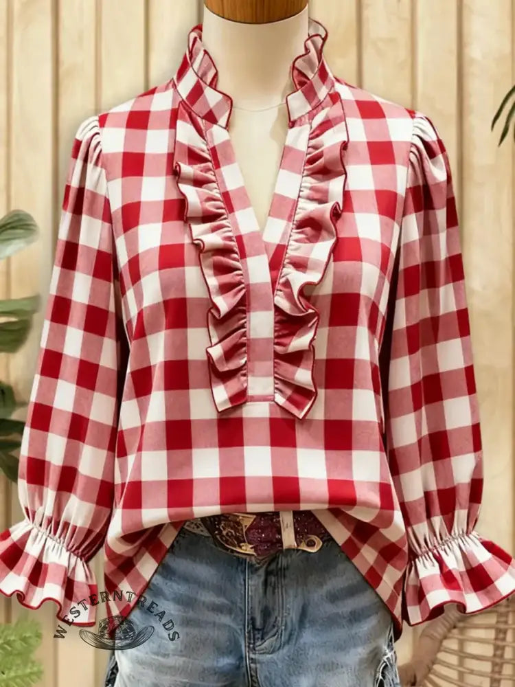 Women's Plaid Print Casual Ruffle Shirt