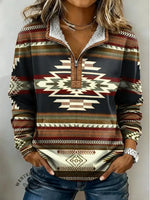 Retro Aztec Print Casual Half-zip Cotton Sweatshirt