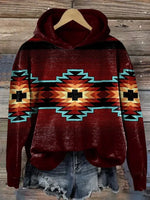 Red Aztec Art Print Casual Cotton Hooded Sweatshirt