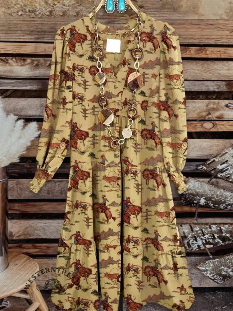 Vintage Contrast Western Style Cotton And Linen Midi Dress