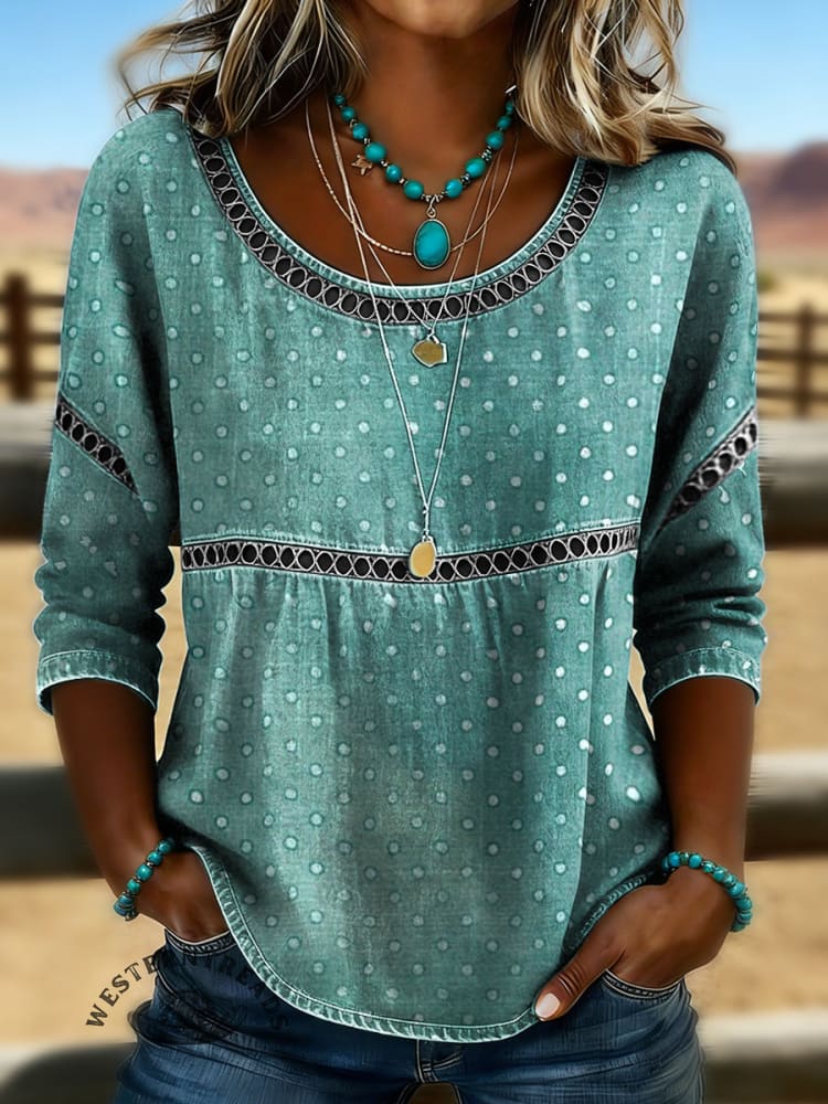 Women's Vintage Art Print Casual 3/4 Sleeves Hollow Lace Denim Shirt