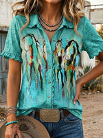Women's Vintage Horse Print Casual Cotton Ruffle Shirt