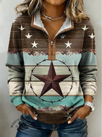 Women's Retro Star Print Casual Color-blocked Casual Half-zip Cotton Sweatshirt