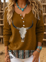 Women's Cow Skull Art Print Henley Neck Sweater