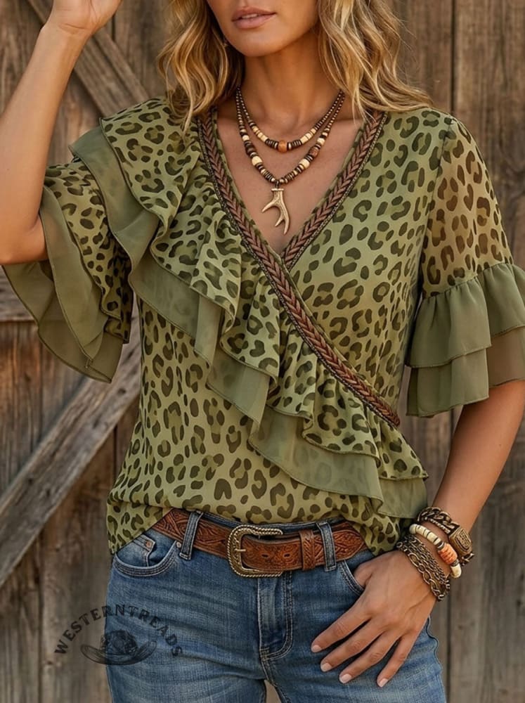 Vintage Leopard Print Casual Patchwork Ruffle Shirt