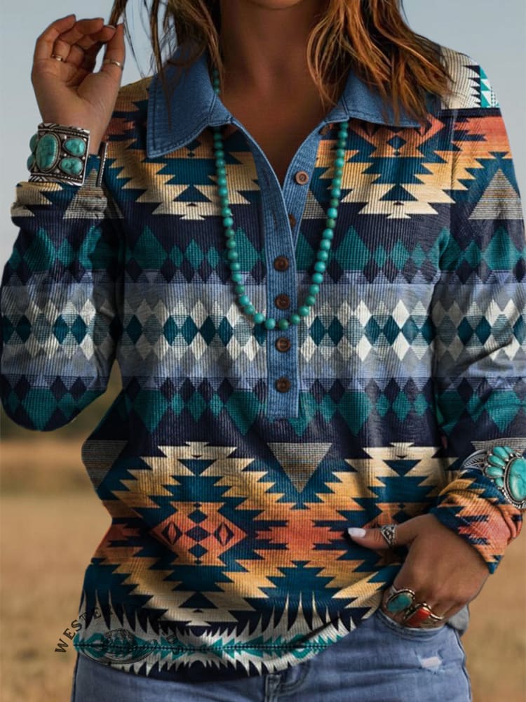 Retro Print Denim Patchwork Comfortable Collared Long-sleeved Top