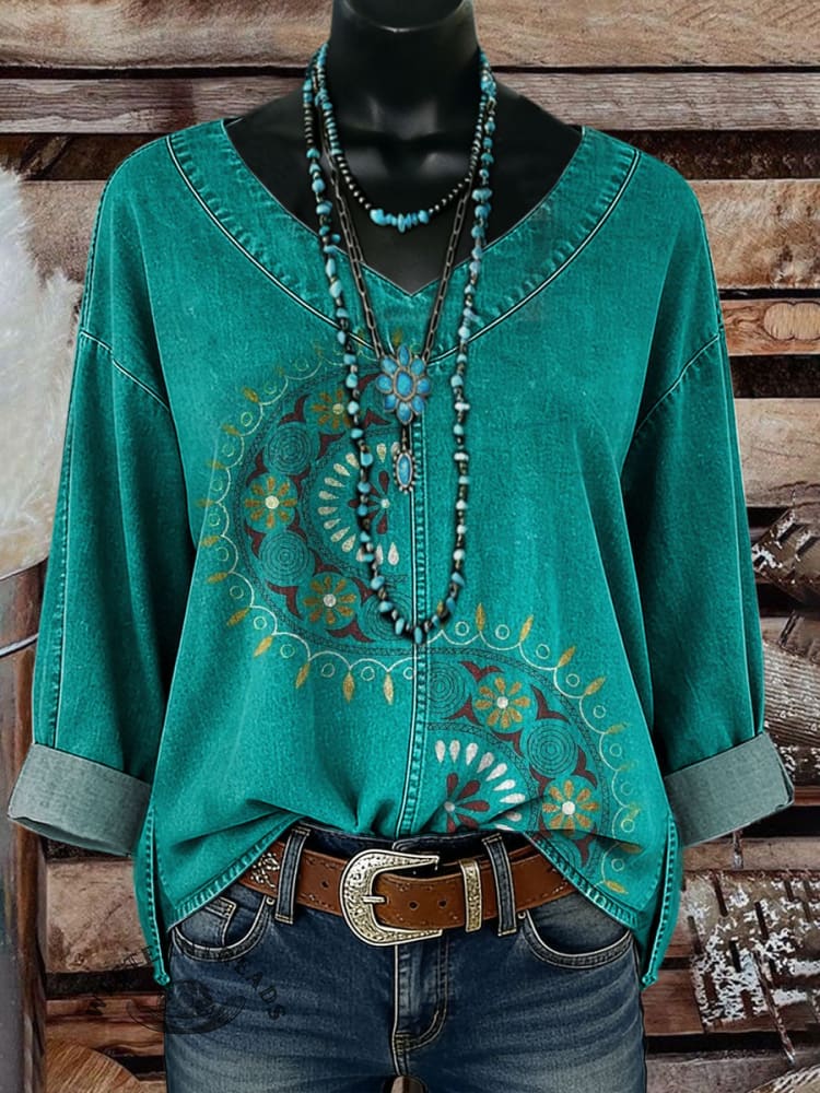 Vintage Mandala Casual Denim Top