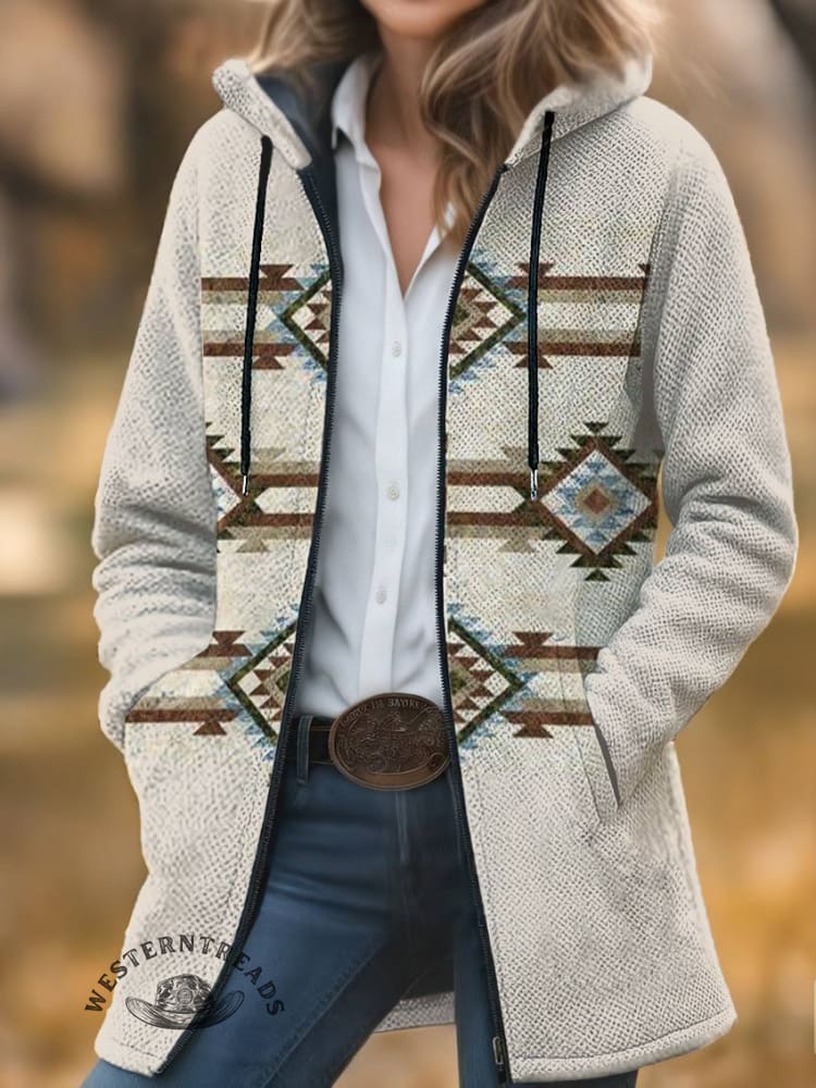 Aztec Print Unisex Plush Thick Long-sleeved Cardigan Coat