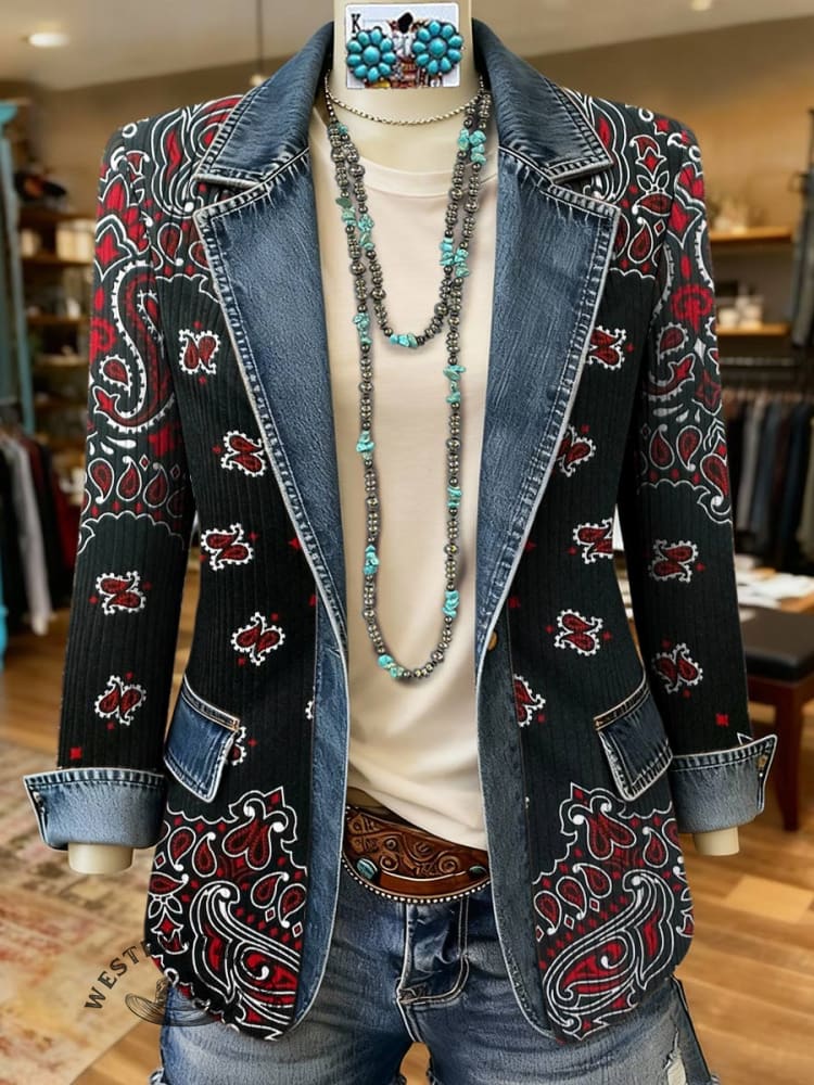Paisley Print Patchwork Denim Sweater