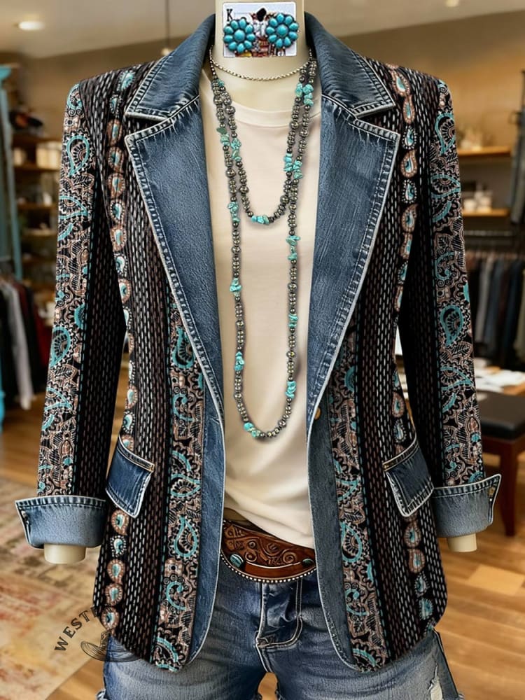 Paisley Print Patchwork Denim Sweater