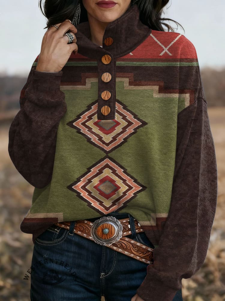 Retro Western Printed Button-up Sweatshirt