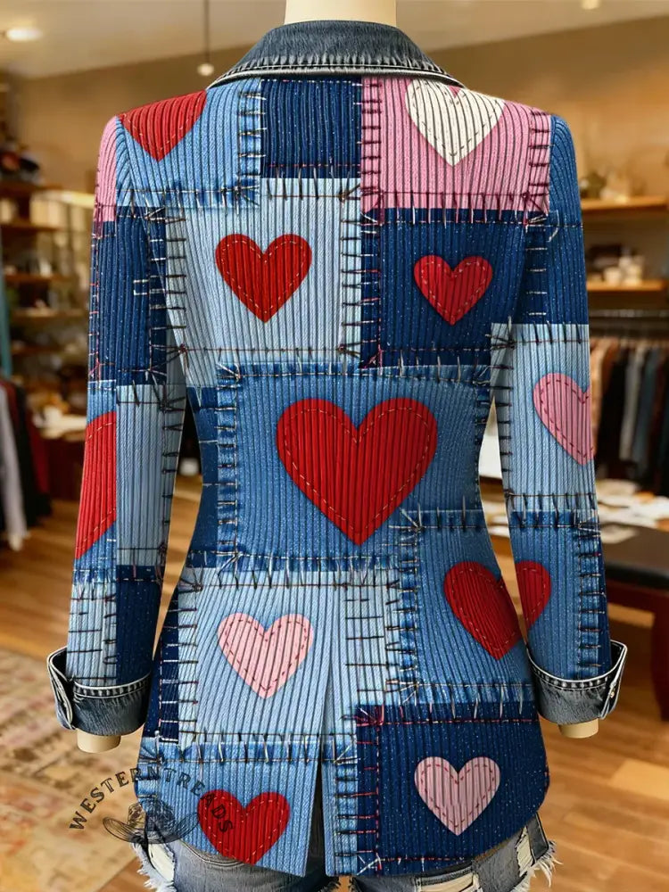 Heart Denim Patchwork Pattern Print Patchwork Denim Sweater Cardigan Coat