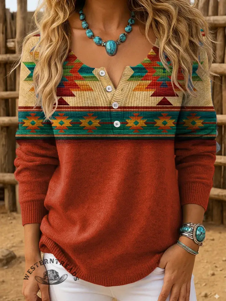 Retro Aztec Art Print Buttoned Cardigan Sweater