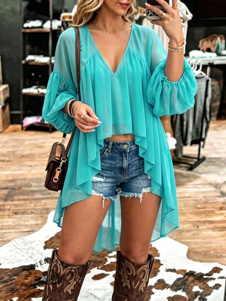 High-low Chiffon Blouse • Lantern Sleeve Boho Blouse