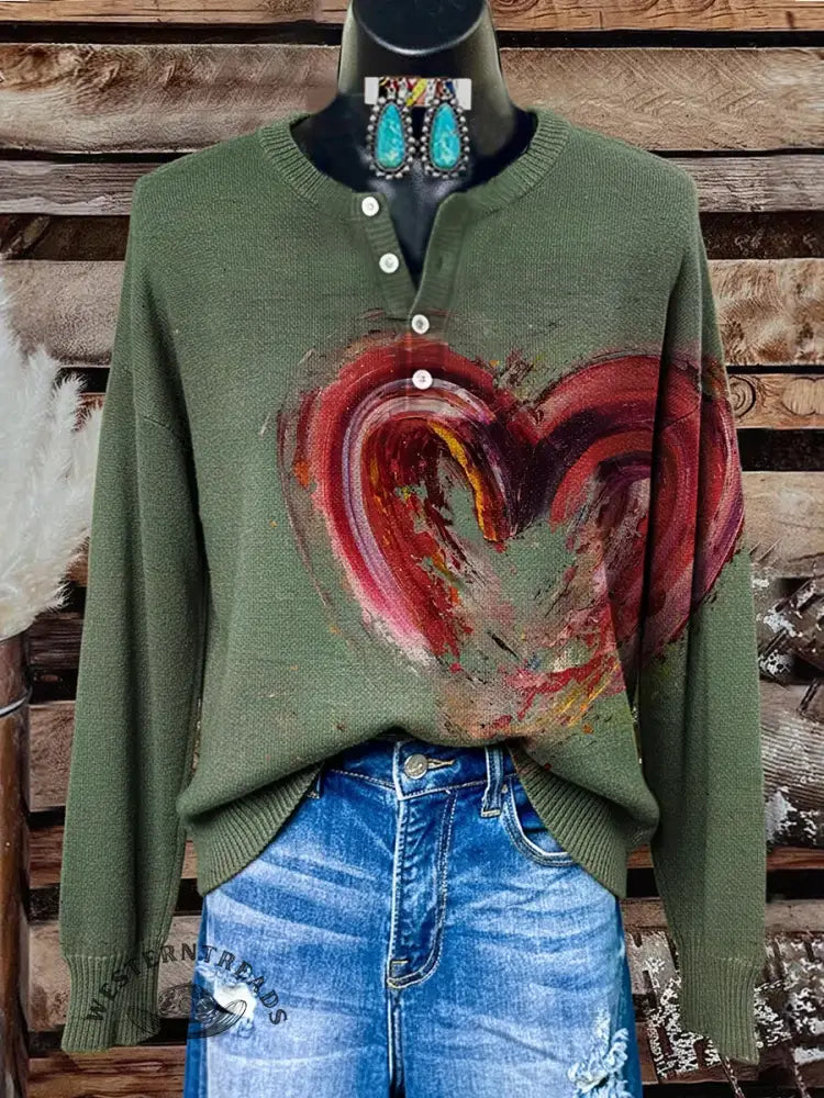 Retro Heart Art Print Buttoned Cardigan Sweater