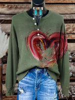 Retro Heart Art Print Buttoned Cardigan Sweater