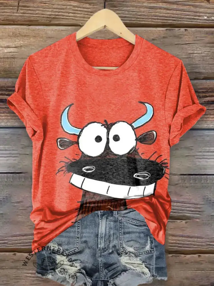 Vintage Funny Cow Western Art Print T-shirt