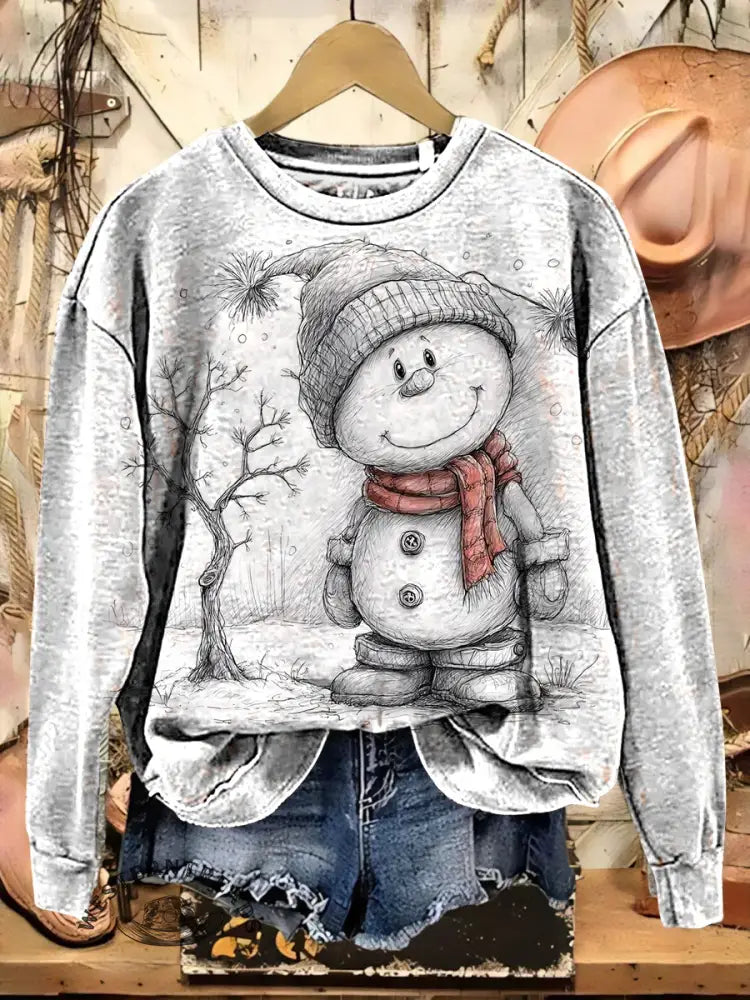 Vintage Snowman Art Print Casual Cotton Sweatshirt