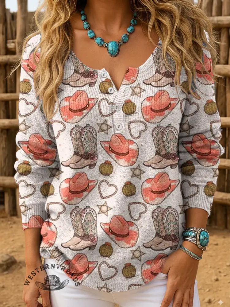 Women's Retro Western Hats Boots Art Print Henley Neck Sweater Top
