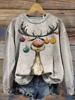 Vintage Christmas Elk Print Casual Sweatshirt