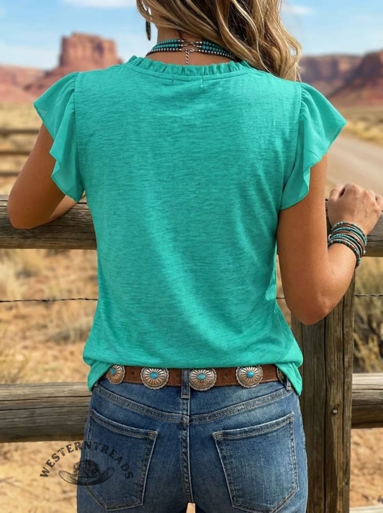 Women's Vintage Western Cactus Art Print V-Neck Ruffle Sleeve Shirt