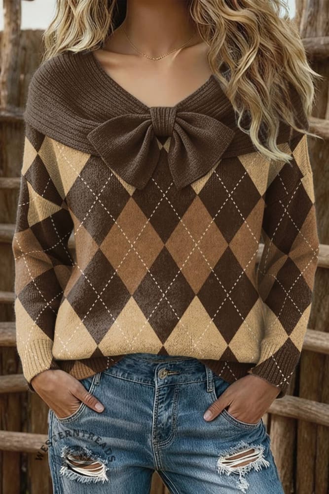 Women's Brown Checkered Print Casual Sweater