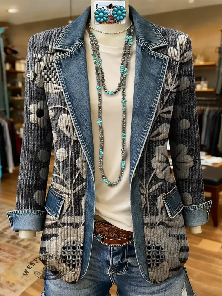 Retro Floral Art Print Patchwork Denim Sweater Cardigan Coat