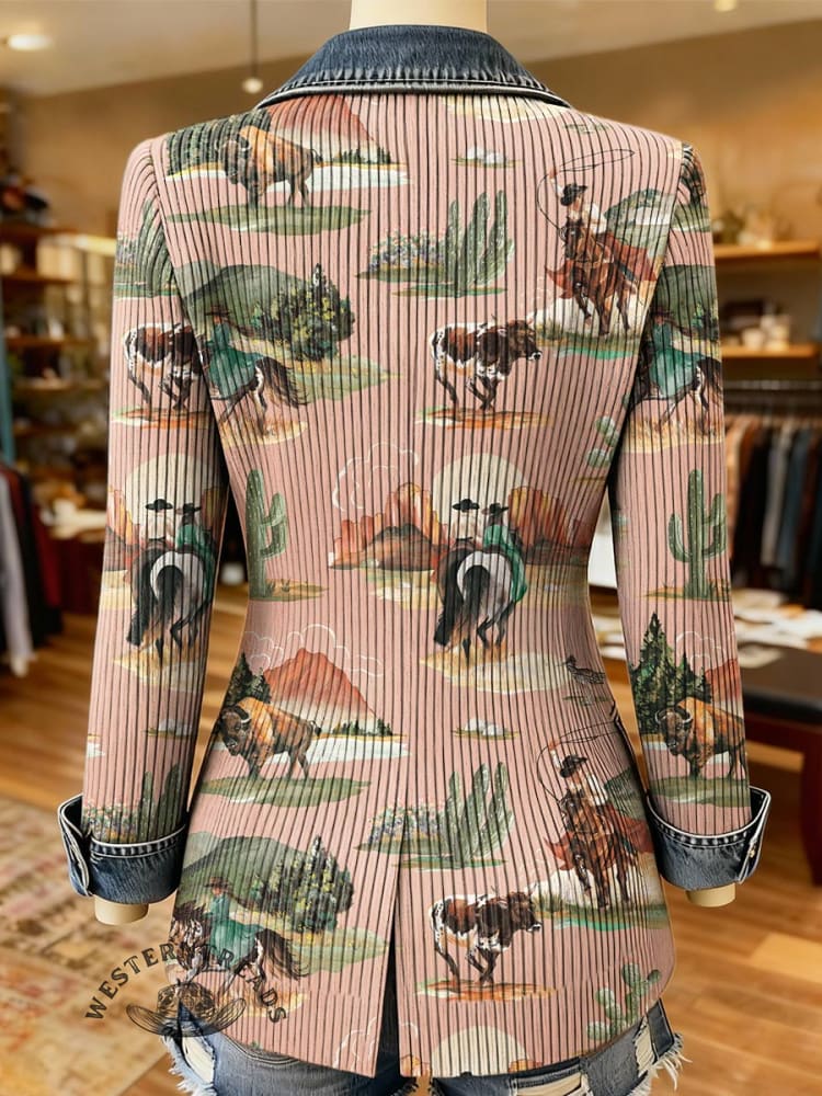 West Print Patchwork Denim Sweater