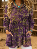 Vintage Art Print Casual Knitted Pocket Hooded Tunic Top