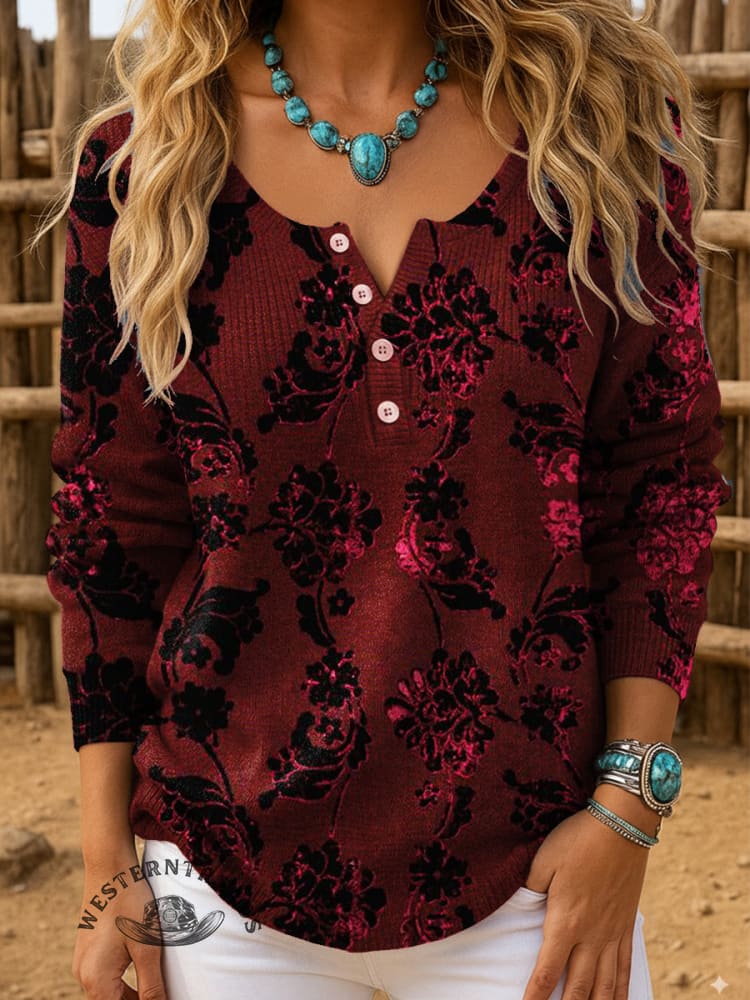 Flower Pattern Art Print Buttoned Cardigan Sweater