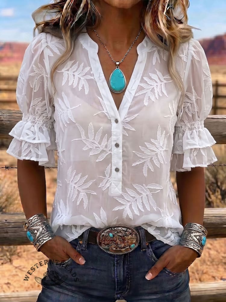 Vintage Art Print Comfortable Summer Fabrics Puff Sleeve Casual Shirt
