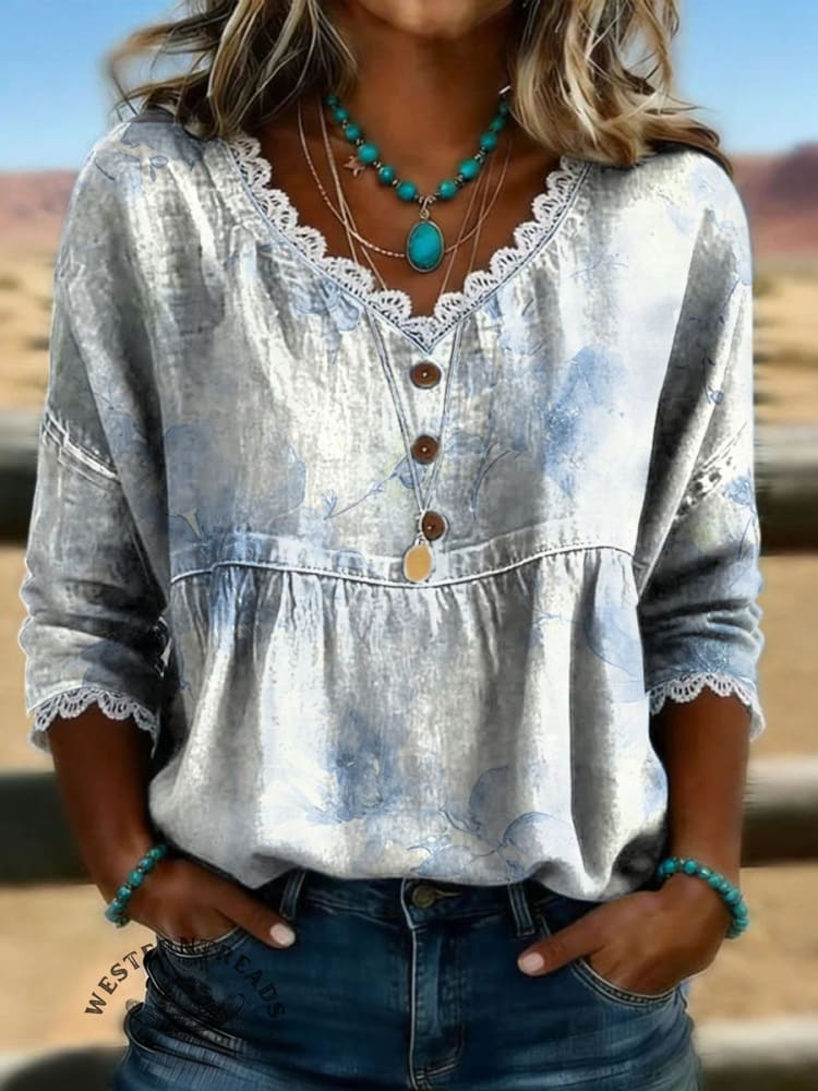 Women's Vintage Floral Print Casual Hollow-out Denim Shirt