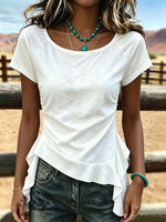 Women's Vintage Patchwork Round Neck Ruffled Asymmetric Hem Casual Shirt