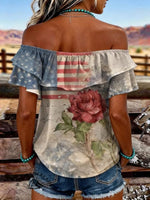 Women's Vintage US Independence Day Flowers Print Elastic Off-Shoulder Double-Layer Casual Shirt
