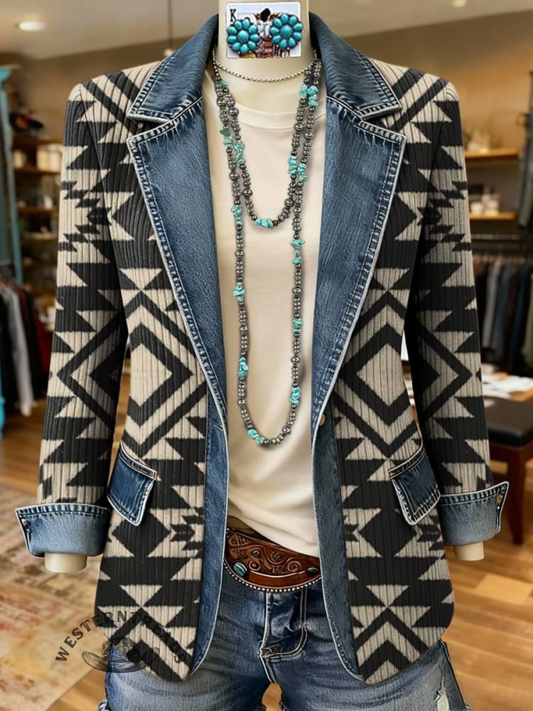 Aztec Print Patchwork Denim Coat