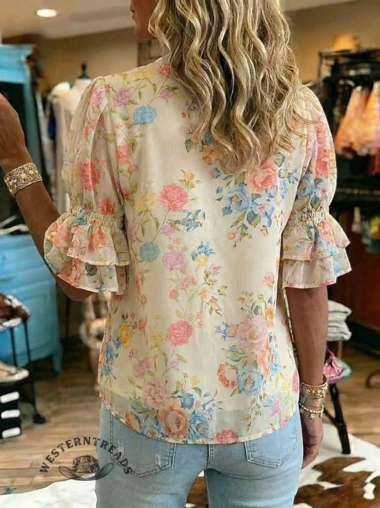 Women's Vintage Floral Print Casual Chiffon Ruffle Shirt