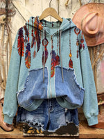 Retro Print Casual Cotton Patchwork Hooded Zip-up Sweatshirt