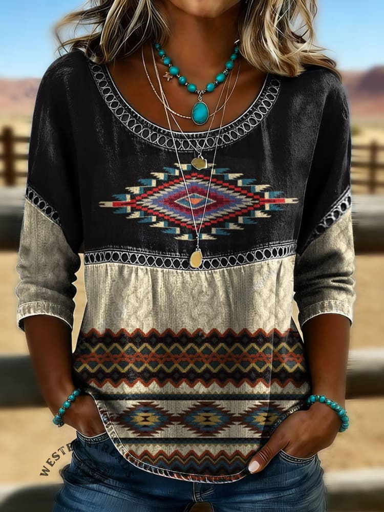 Women's Aztec Print Casual Hollow Denim Shirt