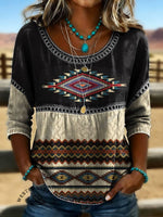 Women's Aztec Print Casual Hollow Denim Shirt